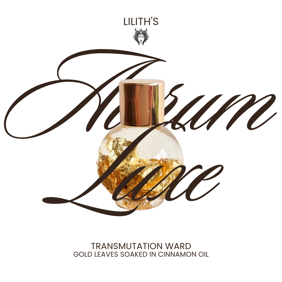 spelled oil bottle with gold leaves and cinnamon oil, featuring the brand 'Lilith's'.