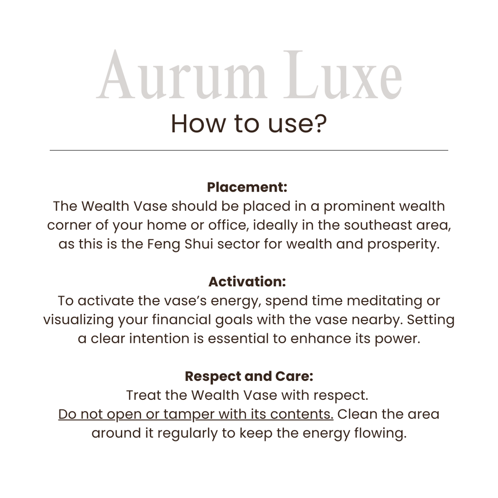 Instructions for using an Aurum Luxe Wealth Vase on a white background