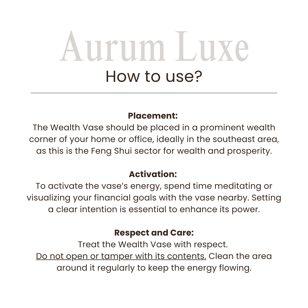 Instructions for using an Aurum Luxe Wealth Vase on a white background