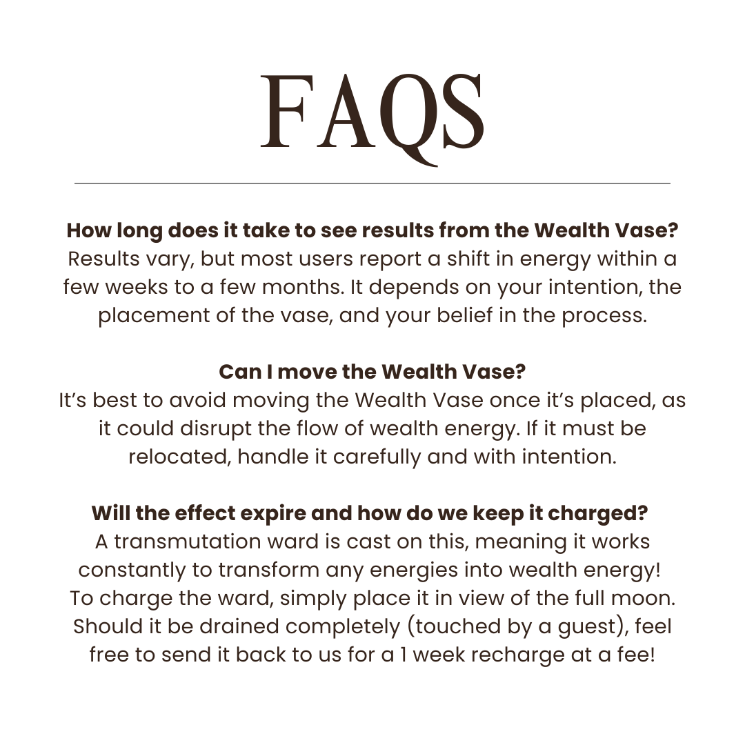 FAQs section about the Wealth Vase on a white background