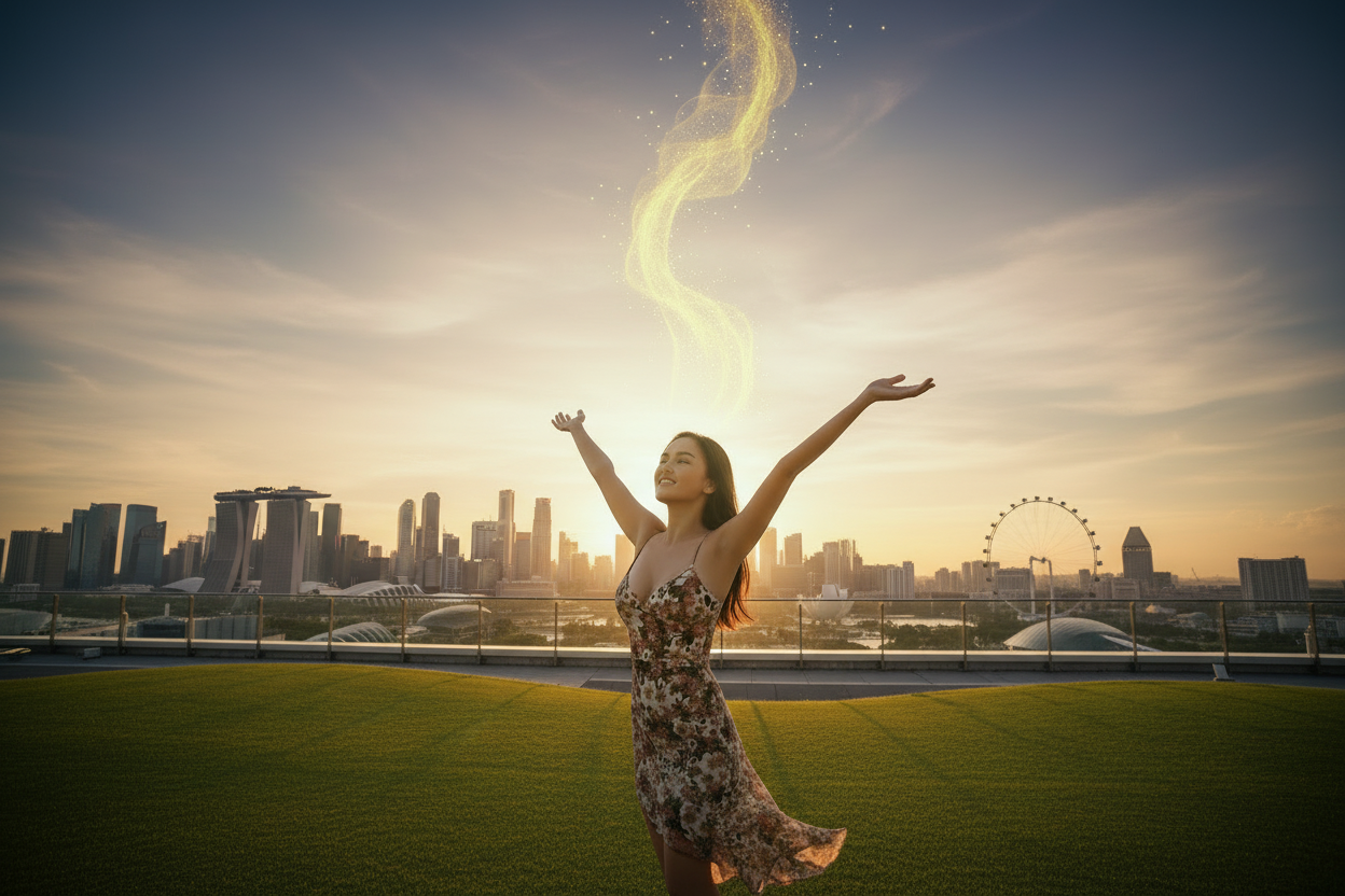 Woman in a dress standing in a field of flowers with arms raised towards the sun.