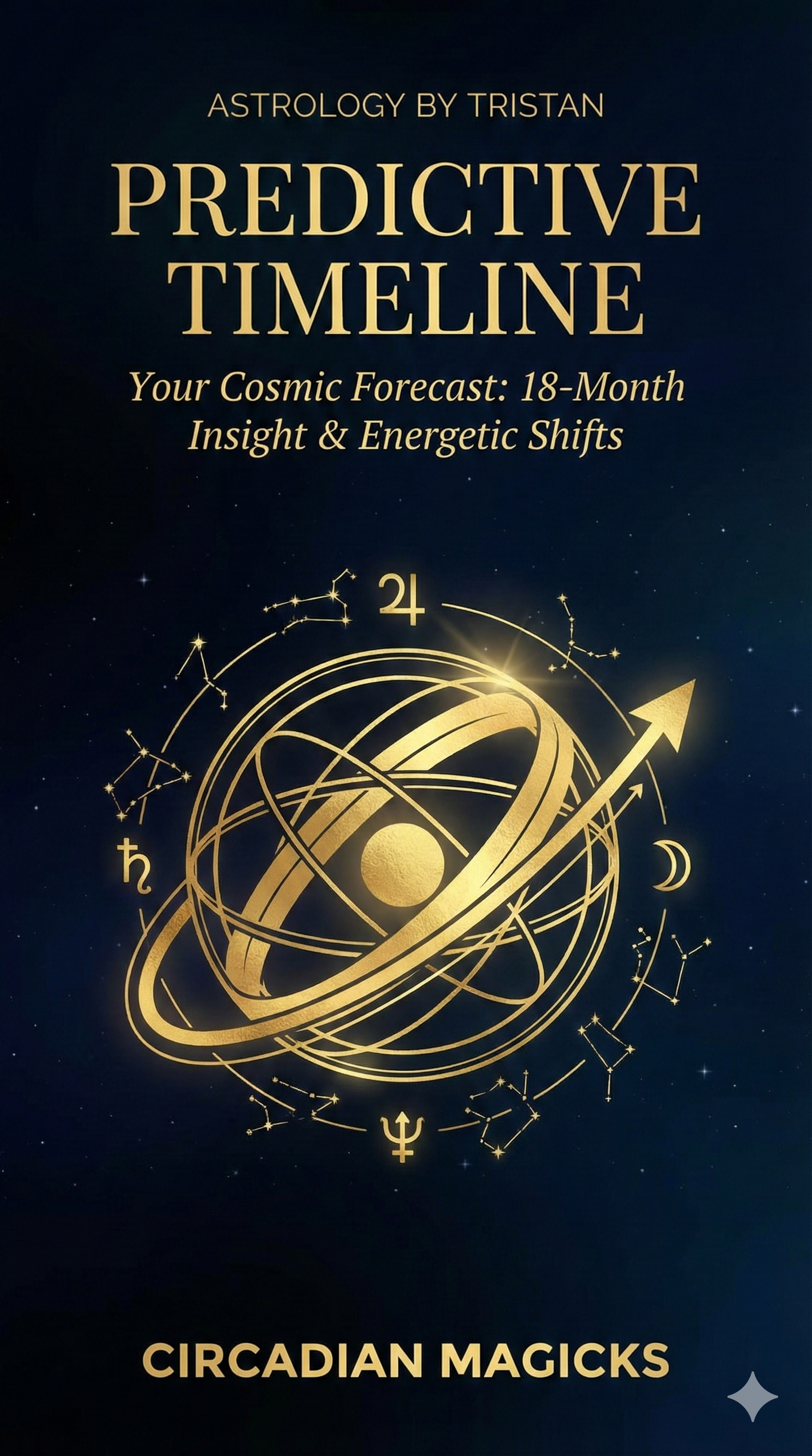 Book cover of 'Predictive Timeline' by Tristan, featuring astrological symbols on a dark background.