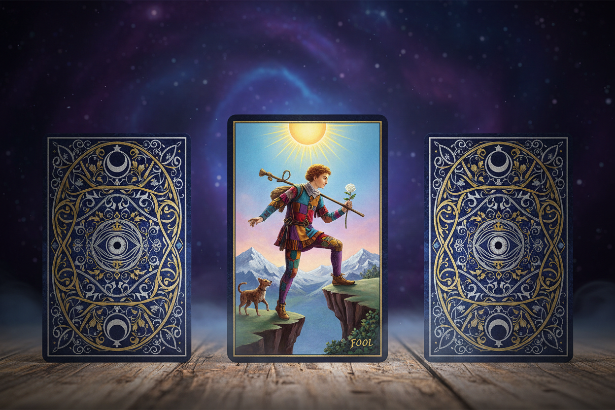 A single tarot card "the Fool", flanked by 2 other cards face down