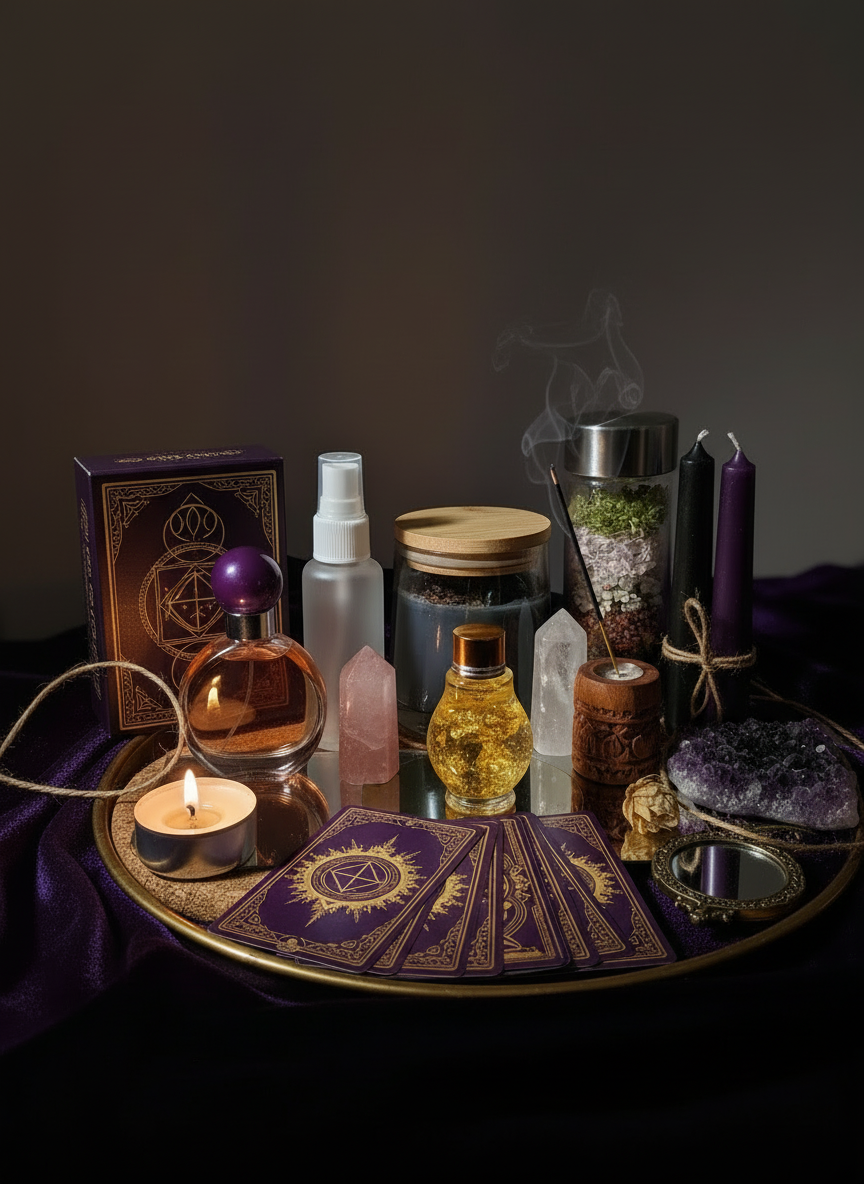 Collection of mystical items including bottles, a candle, and crystals on a dark surface with 'The Circadian Magicks' branding.